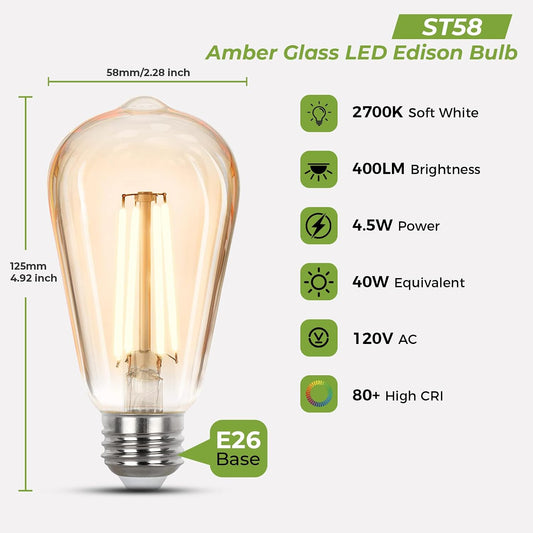 Sigalux LED Edison Bulbs 40 watt Equivalent, E26 Light Bulb Dimmable, Soft White 2700K, Amber Glass ST58 Vintage LED Bulbs, 80+ CRI, 4.5W 400LM, E26 Base, 4 Pack