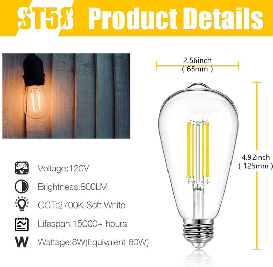 DAYBETTER 4 Pack Vintage LED Edison Bulbs, E26 Led Bulb 60W Equivalent, Dimmable Led Light Bulbs, High Brightness 800 LM Warm White 2700K, ST58 Antique LED Filament Bulbs, Clear Glass Style for Home
