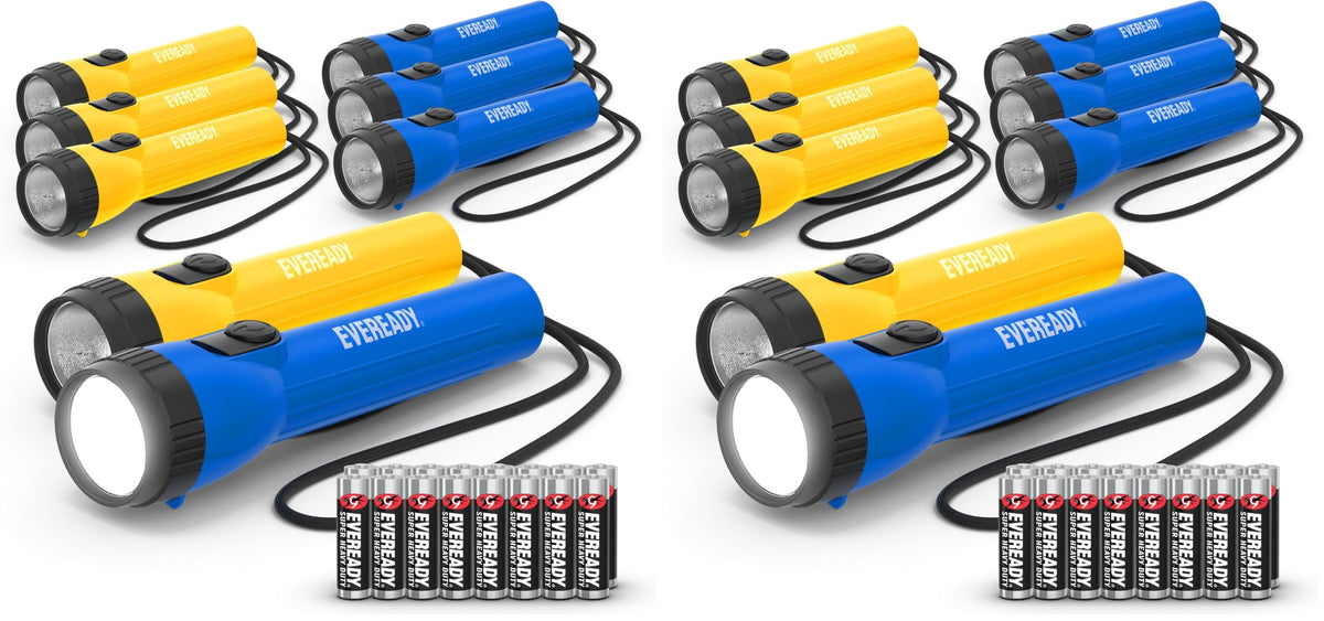 EVEREADY LED Flashlights (4-Pack), Bright Flashlights for Emergencies and Camping Gear, Flash Light with AA Batteries Included, Blue/Yellow (4-Pack)