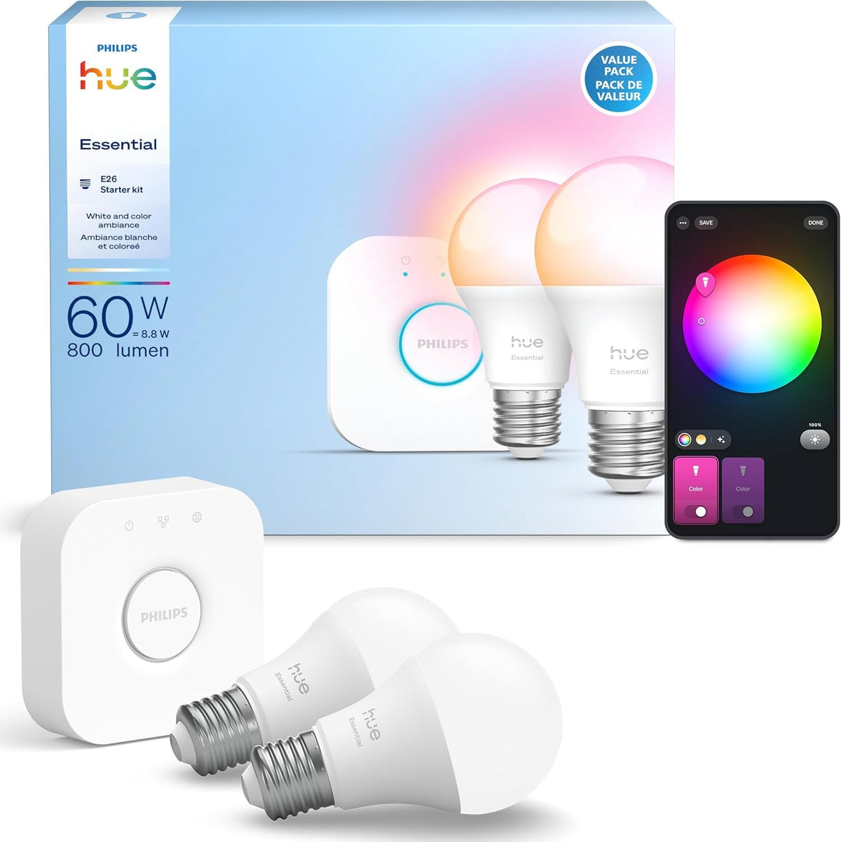 Philips Hue Essential Smart LED A19 Bulb, 4-Pack