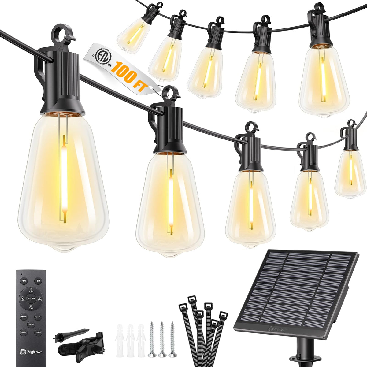 Brightown 52FT Solar String Lights Outdoor Waterproof, Up to 26Hrs Runtime