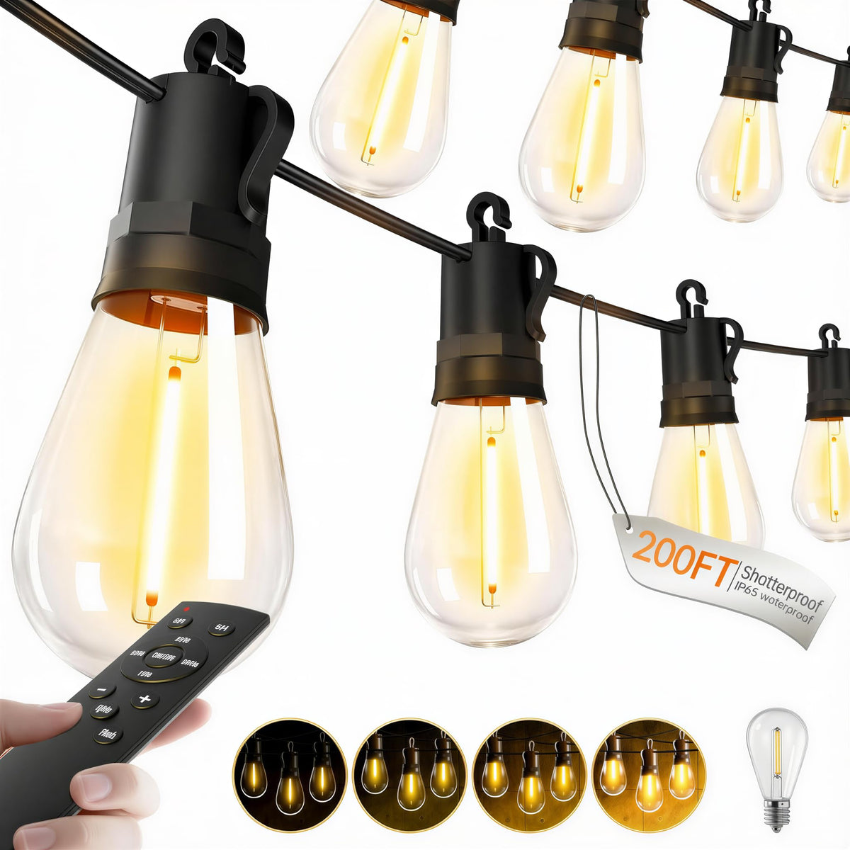 Outdoor String Lights Patio LED - 15M 50FT Outside Waterproof Dimmable