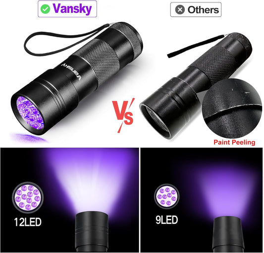 UV Light 395nm Blacklight Flashlight: Vansky 12 LED Black Light Mini Pet Urine Detection for Invisible Dog/Cat Dried Urine Stains on Carpet, Scorpion Finder, Resin Curing