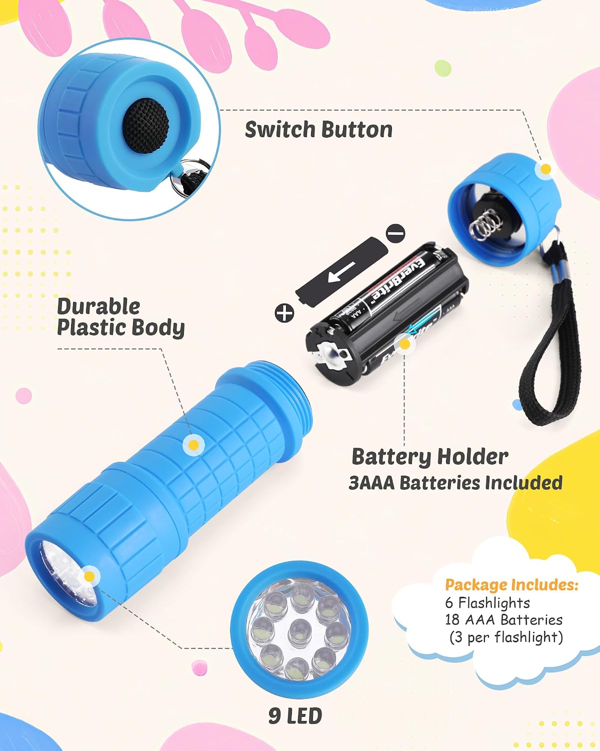 EverBrite 6-Pack Mini Flashlights, 9-LED Flashlight, Batteries Included