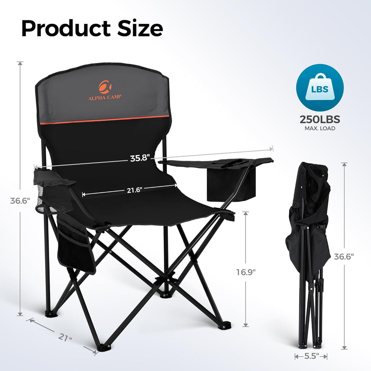 ALPHA CAMP 2-Pack Folding Camping Chair with Cooler Bag & Lumbar Support