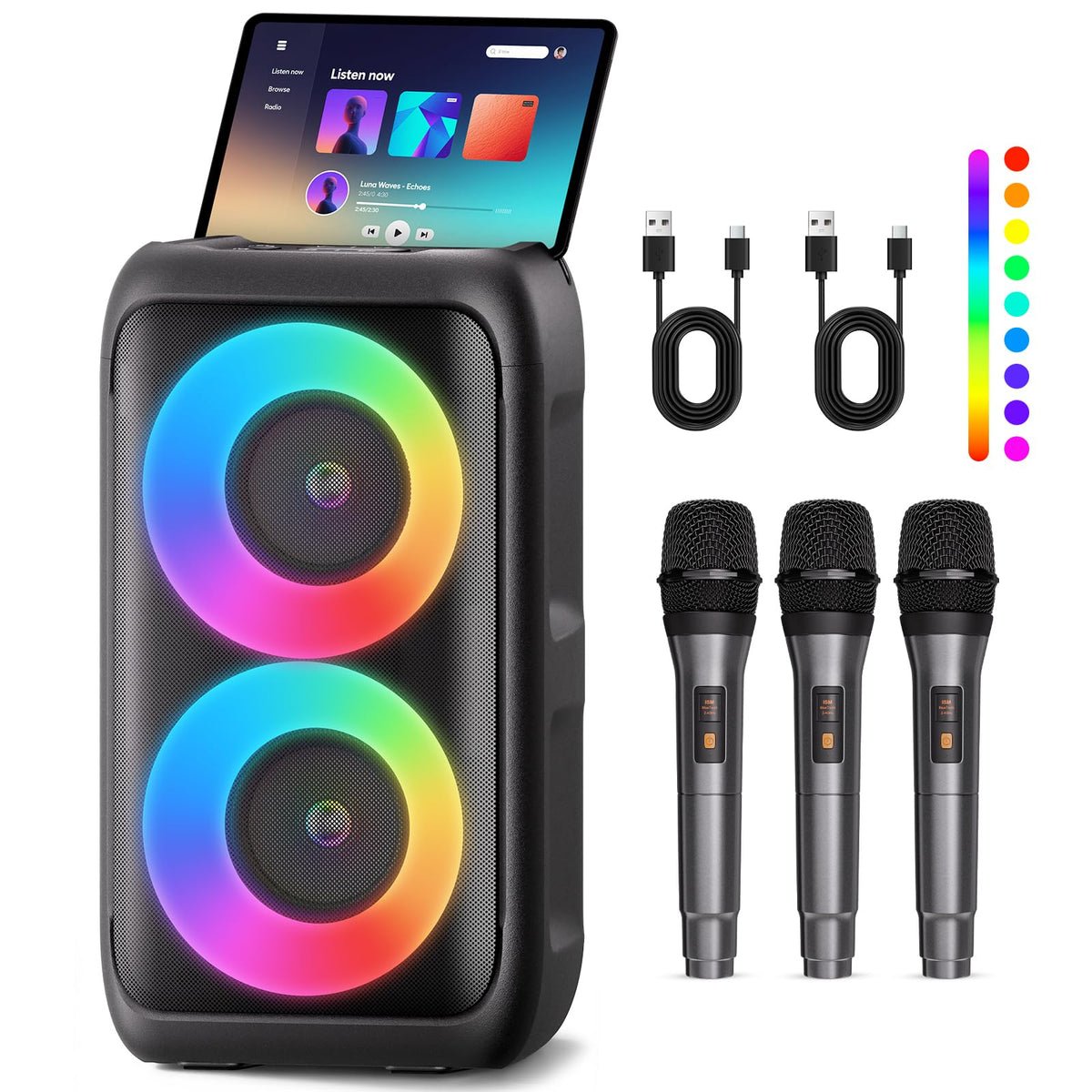 Bluetooth Speaker with 2 Wireless Microphones - Big Party Speaker for Adults Kids Karaoke with Lights - Portable Rechargeable Home Theater Systems Support TWS/AUX/USB/TF Card for Home Party Gift
