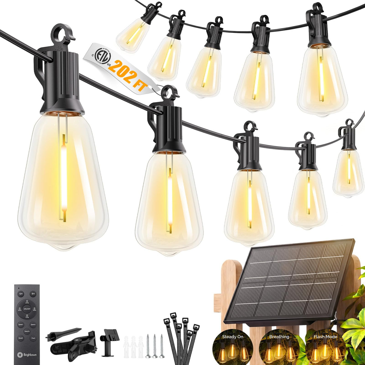 Brightown 52FT Solar String Lights Outdoor Waterproof, Up to 26Hrs Runtime