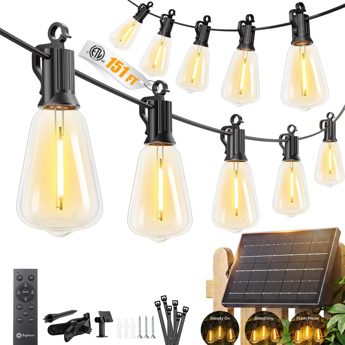 Brightown 52FT Solar String Lights Outdoor Waterproof, Up to 26Hrs Runtime