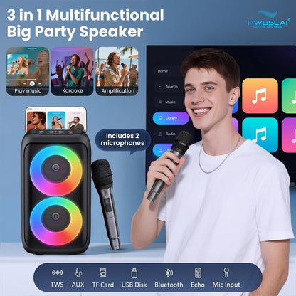 Bluetooth Speaker with 2 Wireless Microphones - Big Party Speaker for Adults Kids Karaoke with Lights - Portable Rechargeable Home Theater Systems Support TWS/AUX/USB/TF Card for Home Party Gift