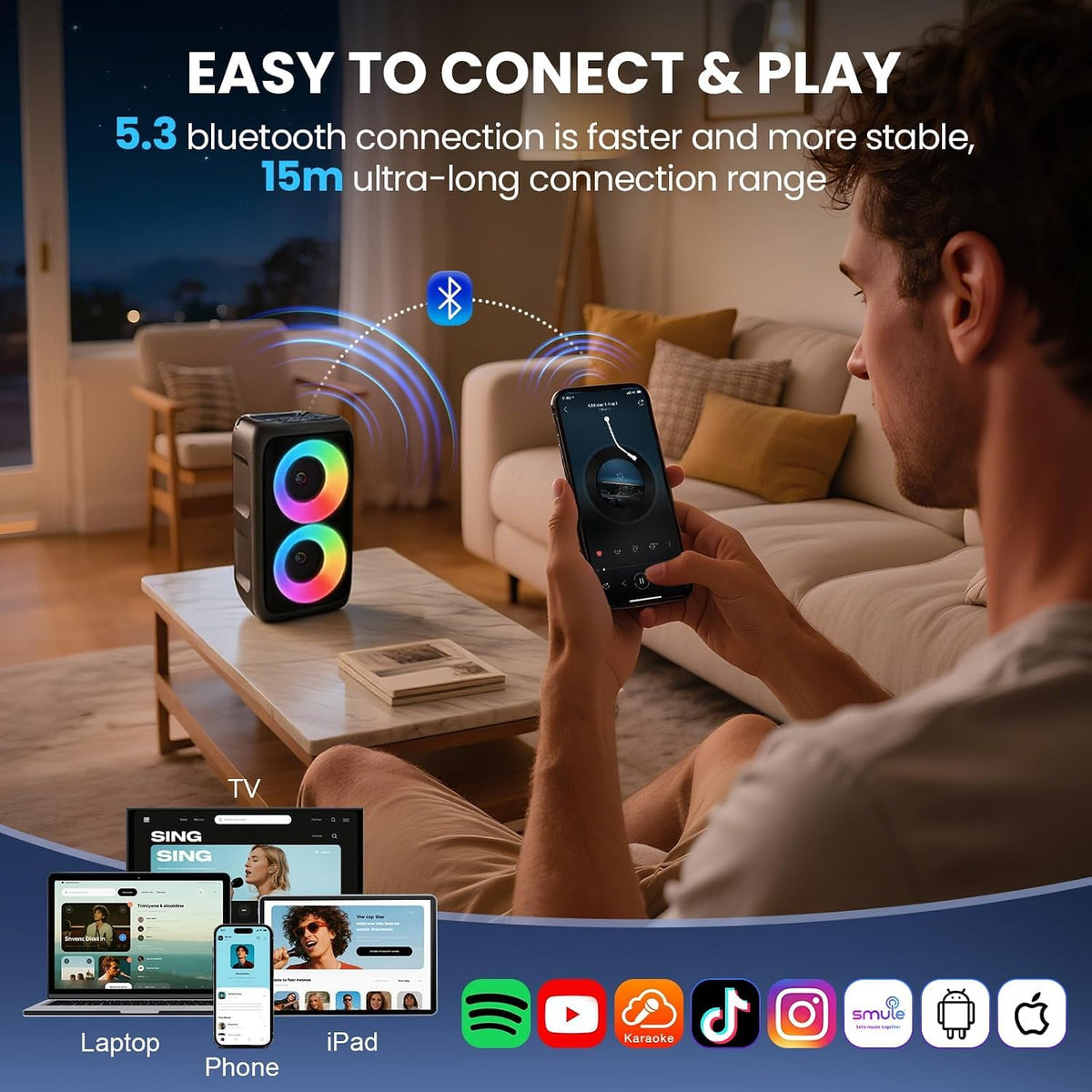 Bluetooth Speaker with 2 Wireless Microphones - Big Party Speaker for Adults Kids Karaoke with Lights - Portable Rechargeable Home Theater Systems Support TWS/AUX/USB/TF Card for Home Party Gift