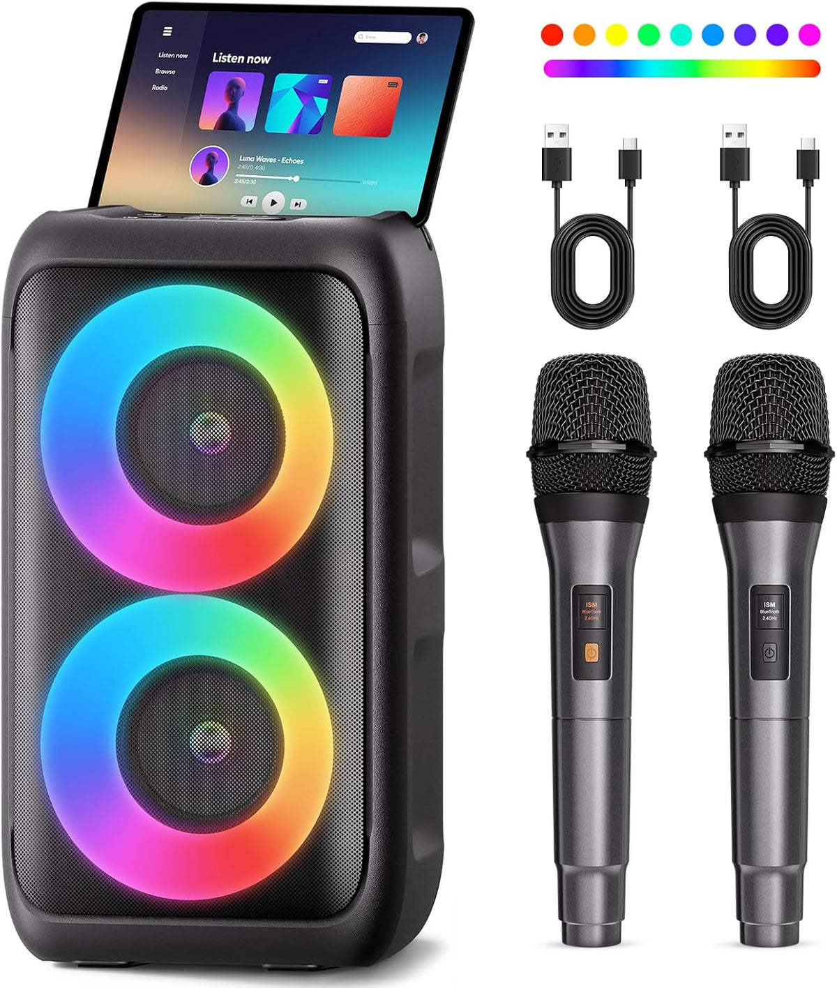 Bluetooth Speaker with 2 Wireless Microphones - Big Party Speaker for Adults Kids Karaoke with Lights - Portable Rechargeable Home Theater Systems Support TWS/AUX/USB/TF Card for Home Party Gift