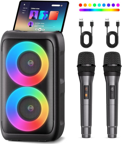 Bluetooth Speaker with 2 Wireless Microphones - Big Party Speaker for Adults Kids Karaoke with Lights - Portable Rechargeable Home Theater Systems Support TWS/AUX/USB/TF Card for Home Party Gift