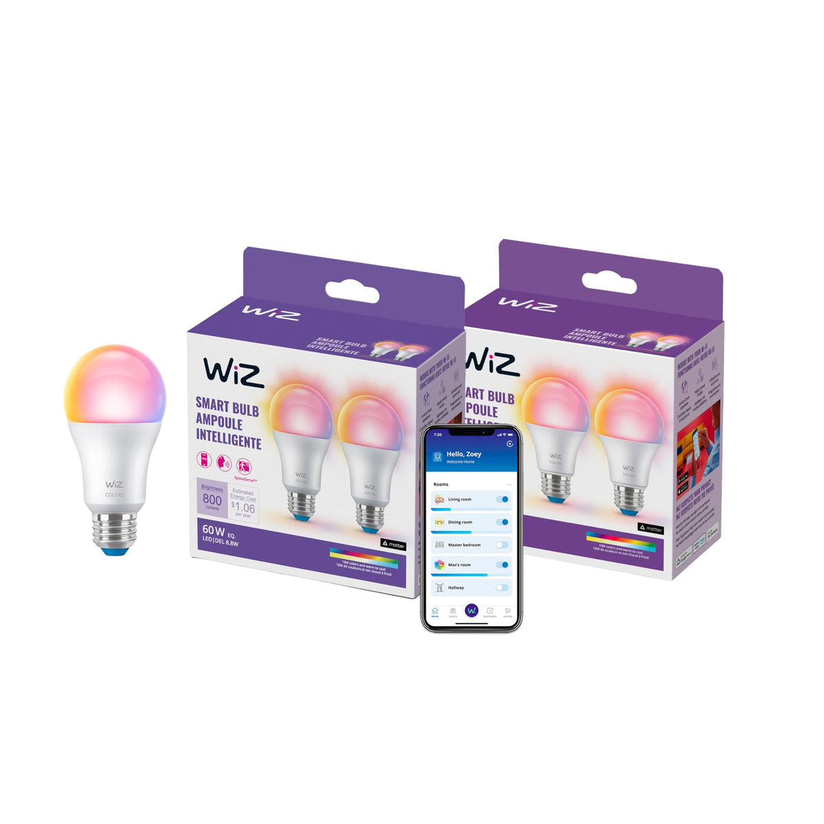 WiZ Connected Smart Light Bulbs, Sunset to Sunrise Automation + Motion Detection + Control with Voice or App, Full Color A19 60W 800LM Indoor, Matter Compatible -3 Pack