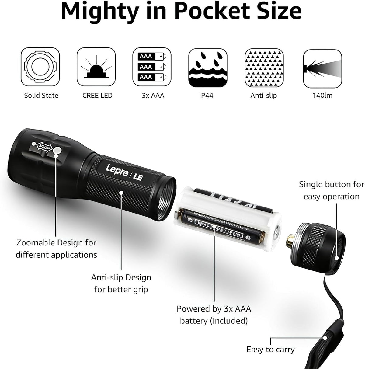 Lepro LED White Light Flashlight, High Lumens Waterproof Adjustable Focus