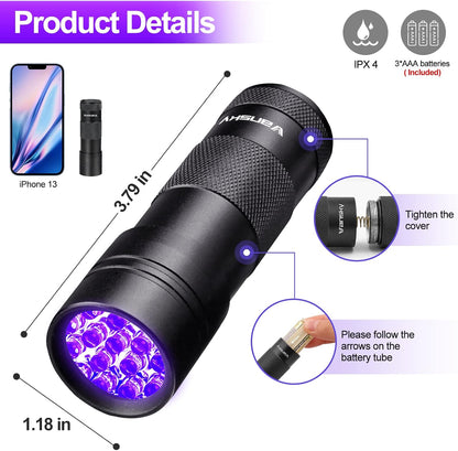 UV Light 395nm Blacklight Flashlight: Vansky 12 LED Black Light Mini Pet Urine Detection for Invisible Dog/Cat Dried Urine Stains on Carpet, Scorpion Finder, Resin Curing