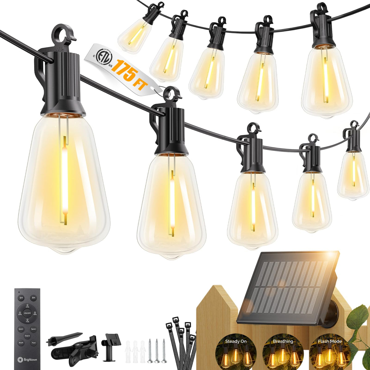 Brightown 52FT Solar String Lights Outdoor Waterproof, Up to 26Hrs Runtime