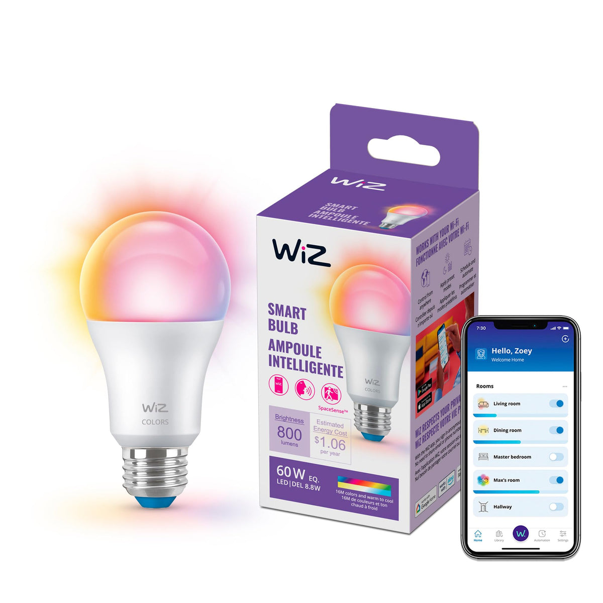 WiZ Connected Smart Light Bulbs, Sunset to Sunrise Automation + Motion Detection + Control with Voice or App, Full Color A19 60W 800LM Indoor, Matter Compatible -3 Pack
