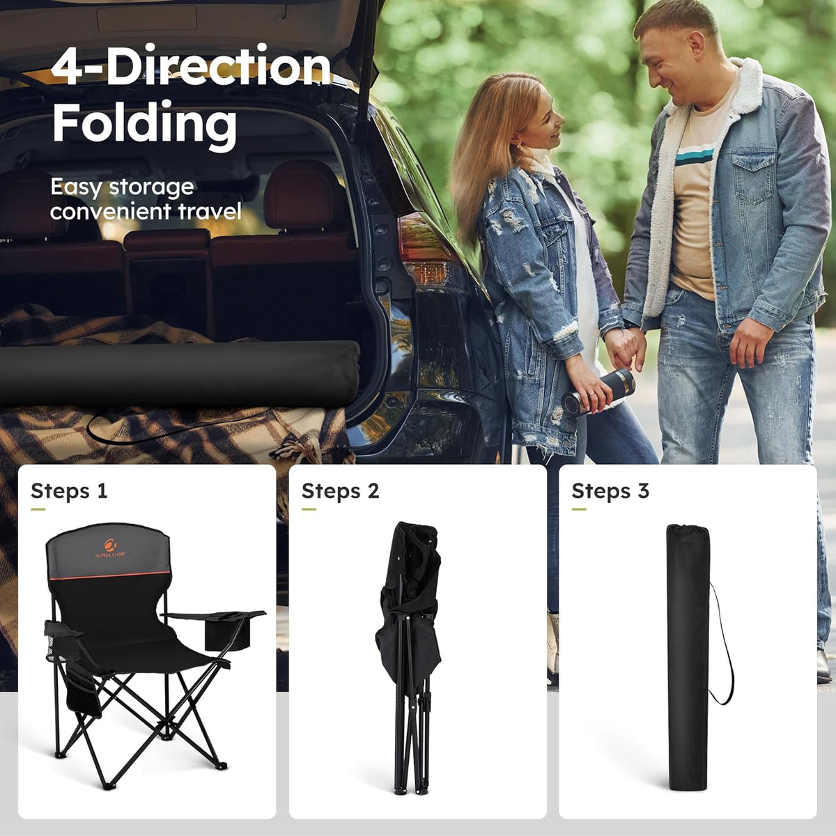 ALPHA CAMP 2-Pack Folding Camping Chair with Cooler Bag & Lumbar Support