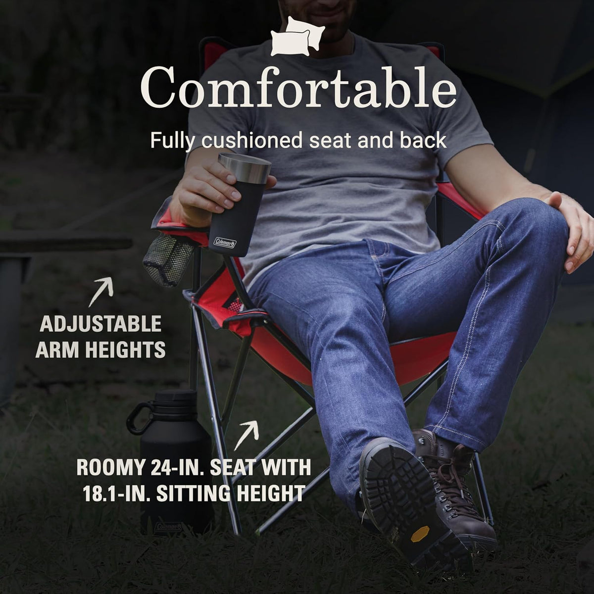 Coleman Broadband Mesh Quad Camping Chair with Carry Bag & Cup Holder, Cooling Mesh Back with Adjustable Arms, Great for Camping, Tailgating, Firepits, Patio, & More