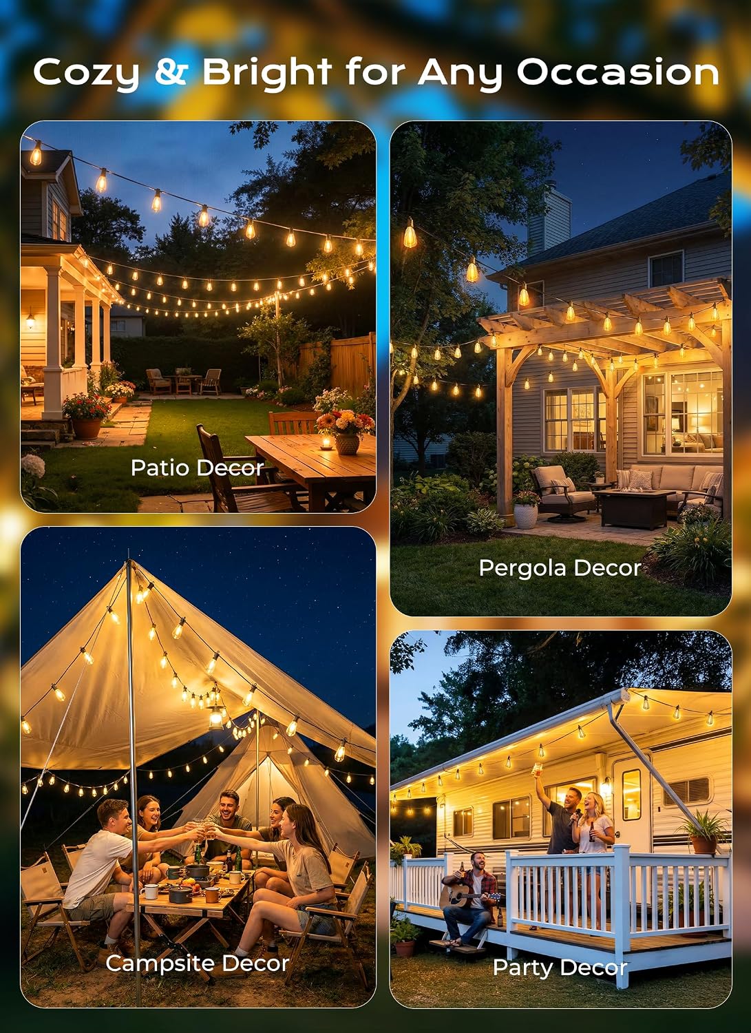 Brightown 52FT Solar String Lights Outdoor Waterproof, Up to 26Hrs Runtime