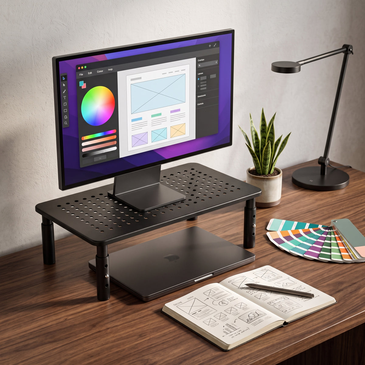 3-Level Adjustable Monitor Stand – Vented Metal Desk Riser for 13–32" Screens | VectraKeys