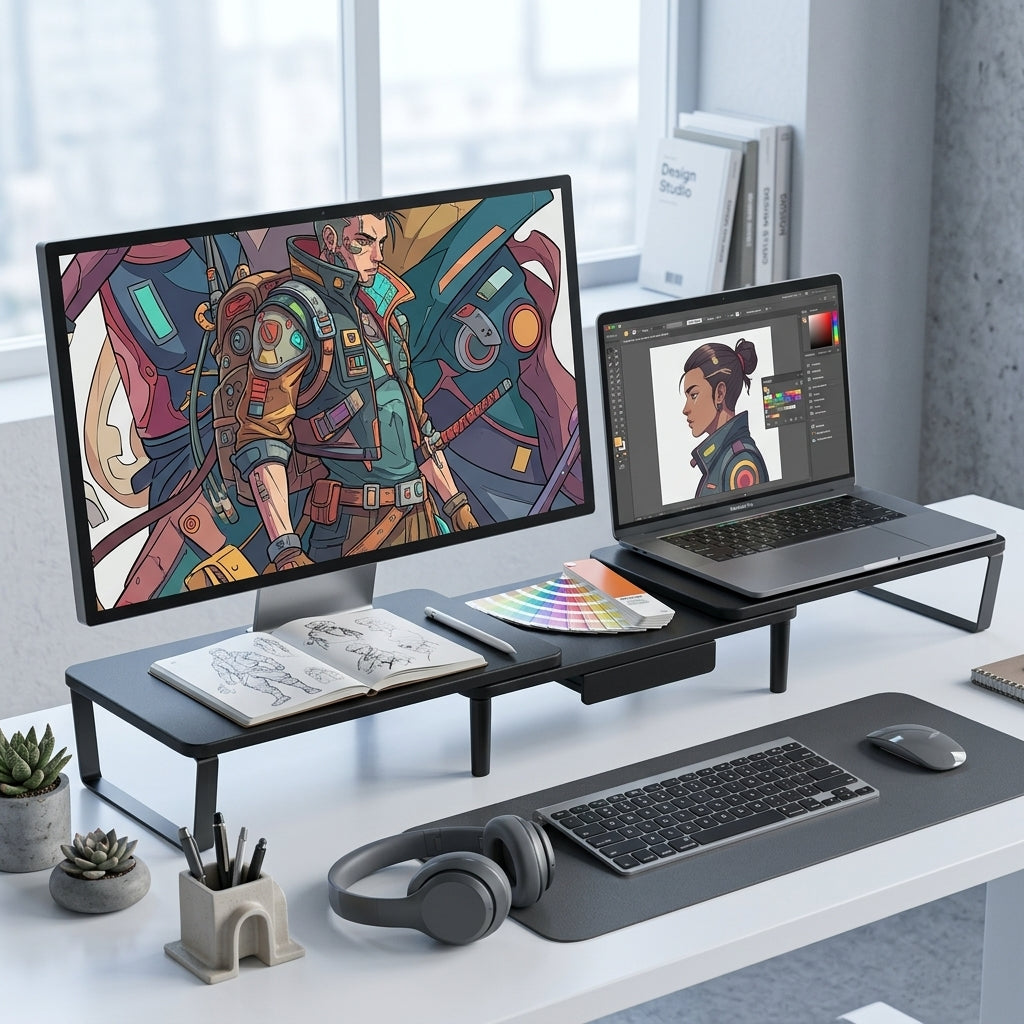 3-Level Adjustable Monitor Stand – Black Ergonomic Desk Riser for 13–32" Screens | VectraKeys