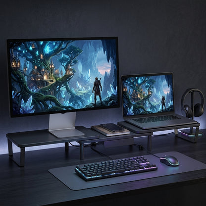 3-Level Adjustable Monitor Stand – Black Ergonomic Desk Riser for 13–32" Screens | VectraKeys