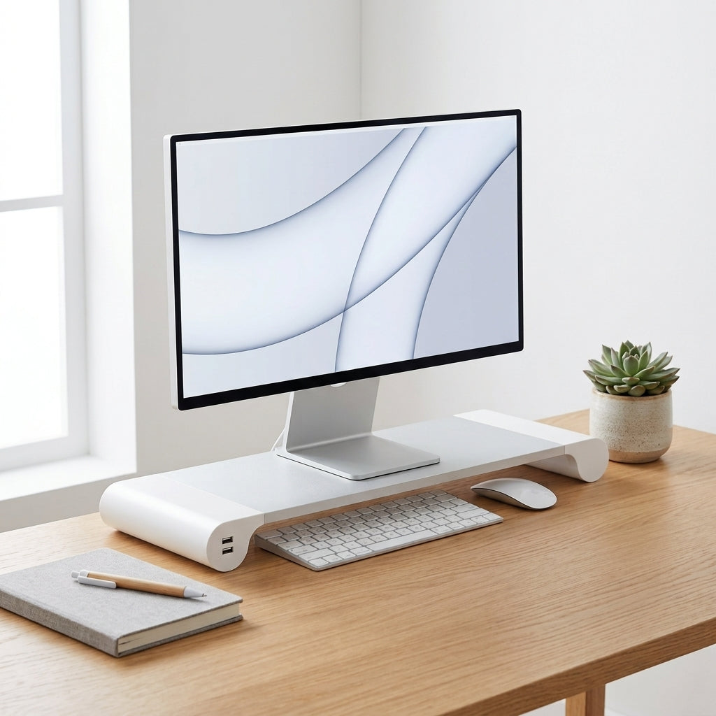 Aluminum Monitor Stand Riser with USB Hub – Silver Ergonomic Desk Riser for Laptops & Screens | VectraKeys