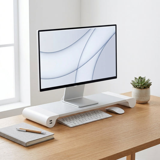 Aluminum Monitor Stand Riser with USB Hub – Silver Ergonomic Desk Riser for Laptops & Screens | VectraKeys