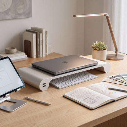 Aluminum Monitor Stand Riser with USB Hub – Silver Ergonomic Desk Riser for Laptops & Screens | VectraKeys