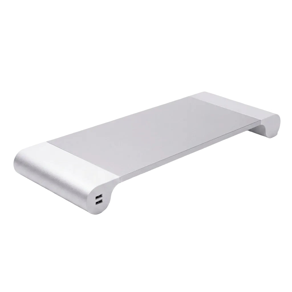 Aluminum Monitor Stand Riser with USB Hub – Silver Ergonomic Desk Riser for Laptops & Screens | VectraKeys